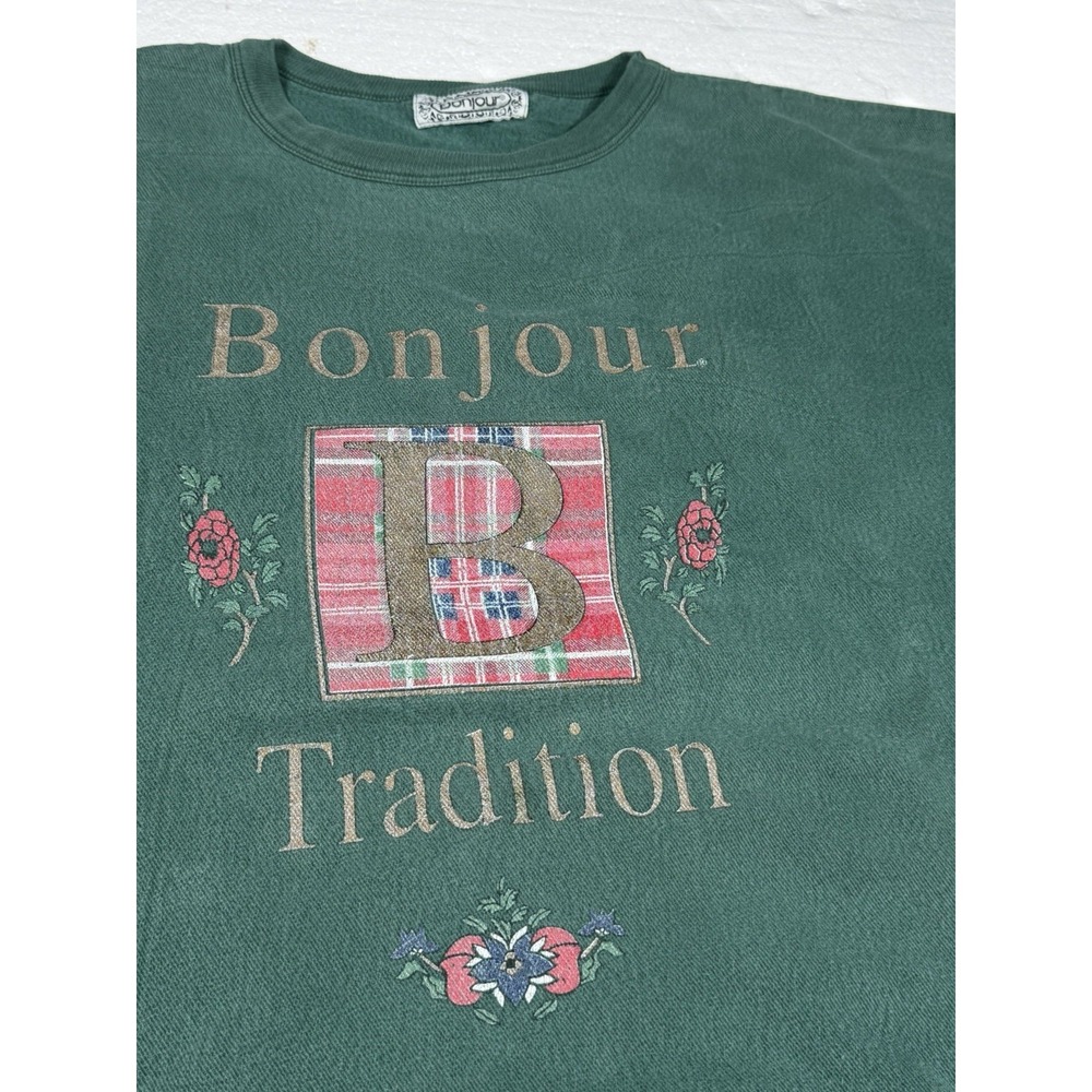 Vintage 90s Bonjour Tradition 22/24 Sweatshirt Plaid Distressed Green No Stretch - Picture 7 of 15